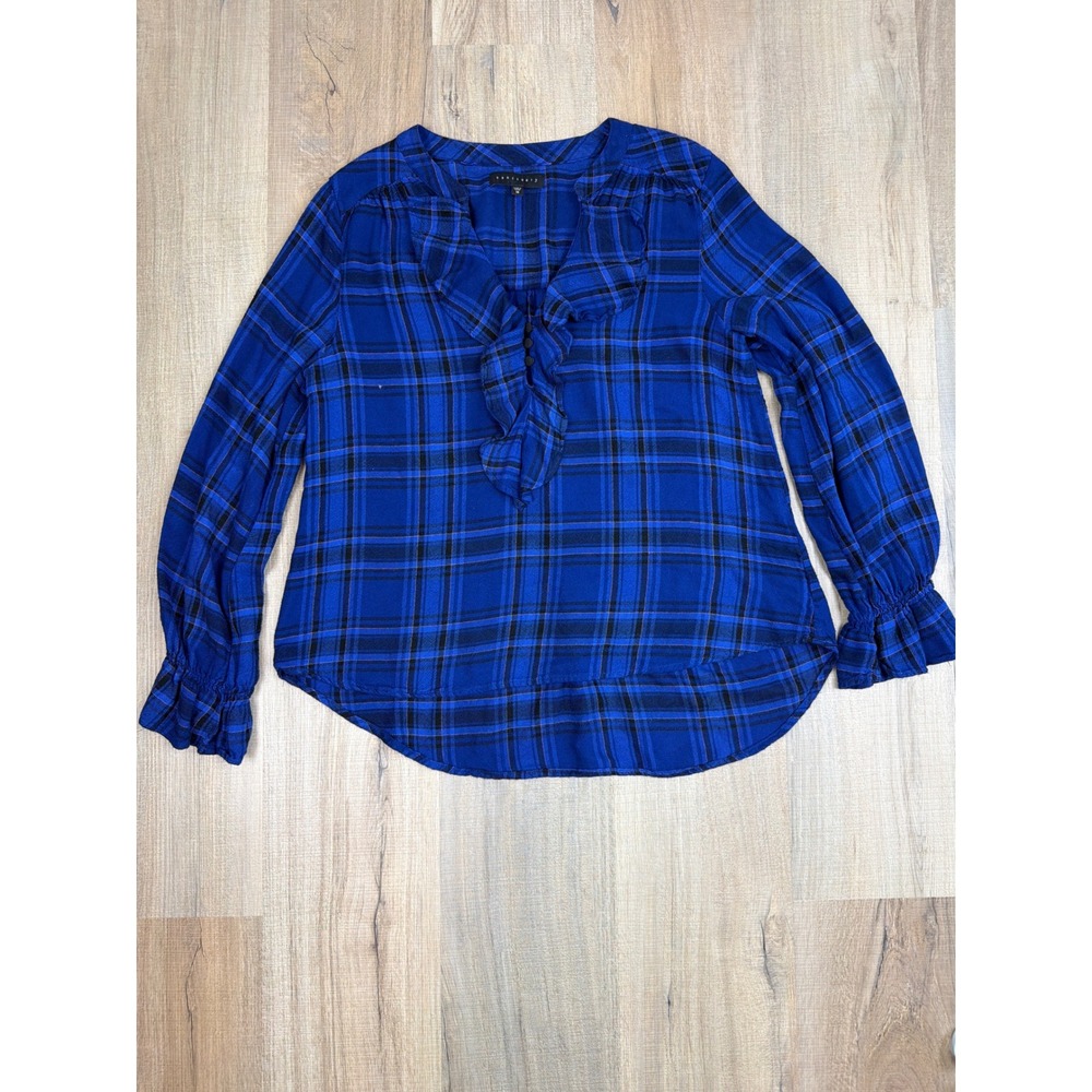 Sanctuary Blue Black Plaid Ruffle V-Neck Blouse Smocked Cuff Rayon Top M
